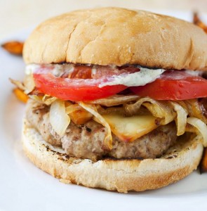 Turkey Burger with Caramelized Onions, Gruyere and Sage Mayo - Partial ...